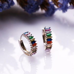 Sterling Silver Rainbow Huggie Hoop Earrings, Gold Multicolored Hoop Earrings, Dainty Colorful Thick Hoop Earrings, Minimalist Hoop Earrings