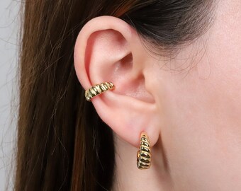 Croissant Shape Hoop Stud Earrings, Bold Twisted Open Hoop