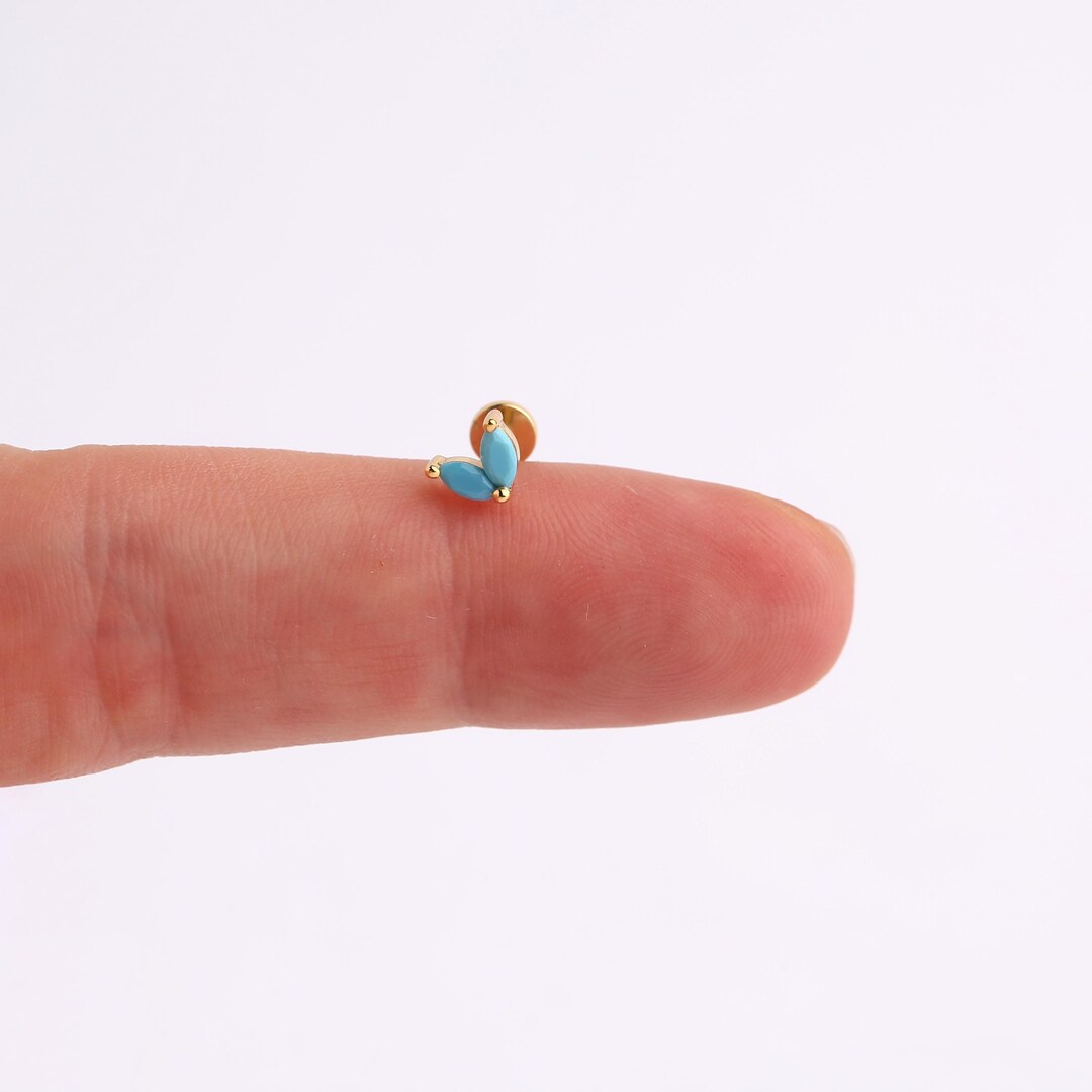 Turquoise Leaf Threadless Flat Back Stud 18G, 925 Sterling Silver Tiny ...