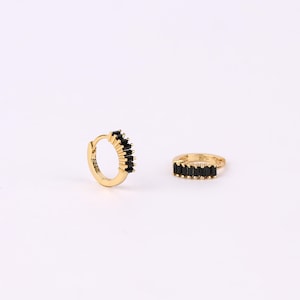 Tiny Black Baguette Huggie Hoop Earrings, Sterling Silver Black Stone Huggie Hoop Earrings, Dainty Gold Hoop Earrings, Cartilage Huggie Hoop