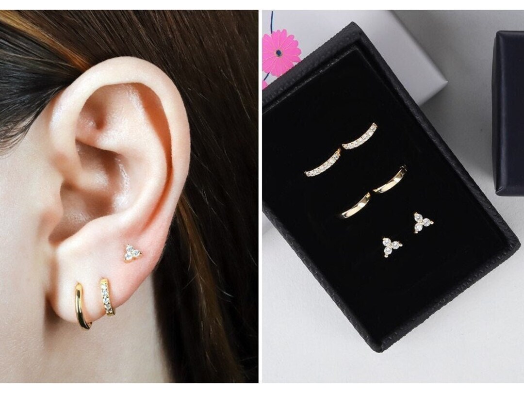 Huggie Hoop Earrings Set, Gold Huggie Hoop Earrings Set, Silver Dainty ...