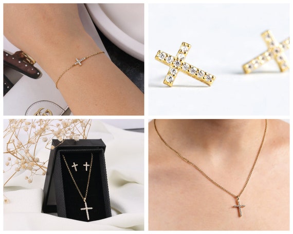 Cross Jewelry Gift Set Gold Cross Charm Earrings Bracelet and