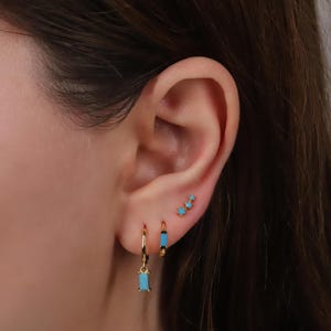 Dangling Turquoise Charm Hoop Earrings Set, Sterling Silver Tiny Curated Charm Hoop Earrings Set, Dangly Diamond Charm Drop Hoop Earring Set