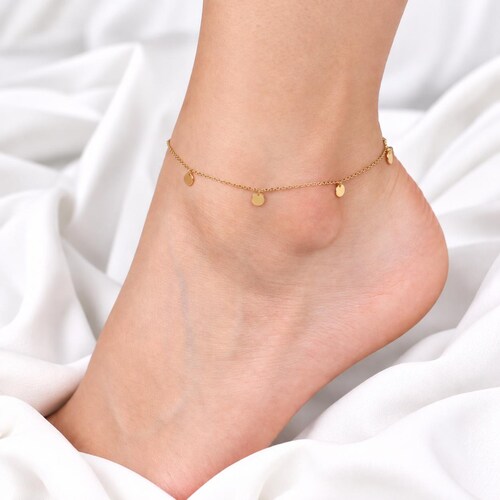 Tobillera con dije de moneda delicada, pulsera colgante de tobillo de plata de ley 925, tobillera de disco dorado para mujer
