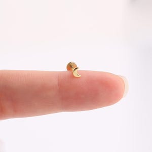 18G Crescent Moon Threadless Push Pin Labret Stud, Sterling Silver Tiny Moon Flat Back Stud Earring, Cartilage Stud, Helix Stud, Tragus Stud