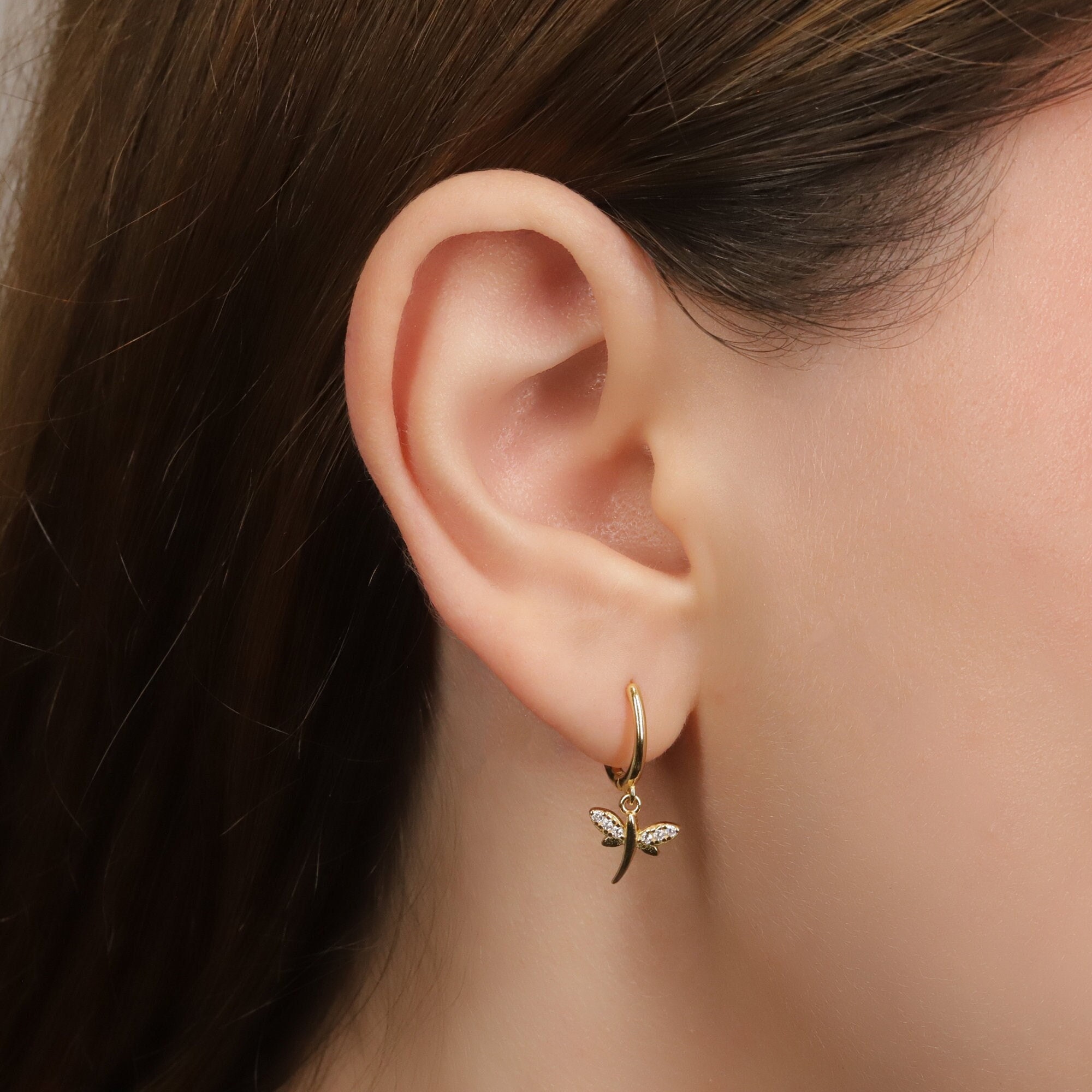 Gold Dragonfly Hoop Earrings: Sterling Silver Dangle Charm