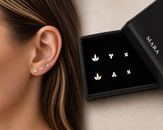Flat Back Earrings Set, Gold Stud Earrings Set, Minimalist Earring Set for Multiple Piercings, Sterling Silver Flower Flatback Studs