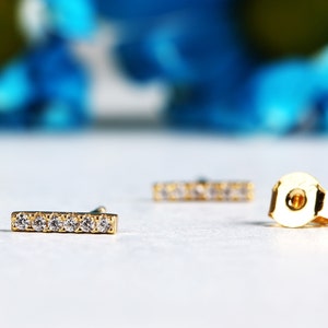 Tiny Diamond Bar Stud Earrings, Gold CZ Bar Stud Earrings, Sterling Silver Petite Pave Bar Stud Earrings, Minimalist Stick Bar Stud Earrings