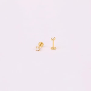 18g White Opal Threadless Push Pin Labret Stud, Sterling Silver Tiny Opal Stone Flat Back Stud Earring, Cartilage Stud Earring, Helix Stud