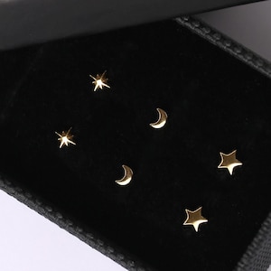 18G Star Moon Threadless Push Pin Labret Stud Earrings Set, Sterling Silver Celestial Flat Back Stud Earring Set, Cartilage Stud, Helix Stud