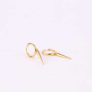 Gold Spike Charm Dangle Hoop Earrings, Sterling Silver Tiny Hoop Earrings with Dangling Spike Charm, Dangly Spike Charm Drop Hoop Earrings