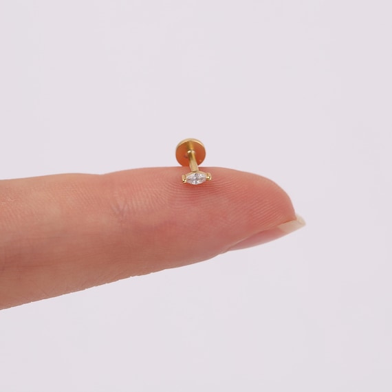 Tiny Marquise CZ Threadless Flat Back Earring, 18G Push Pin Labret Stud, Cartilage Helix Tragus Conch Piercing, Minimalist Piercing Jewelry