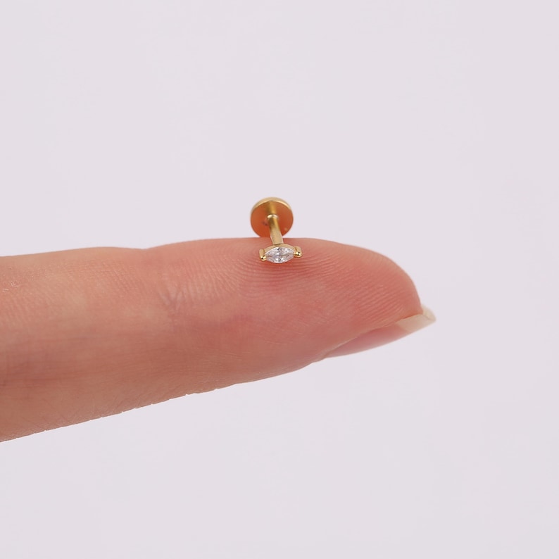 18G Tiny Marquise Threadless Push Pin Labret Stud, Sterling Silver Diamond CZ Flat Back Stud Earring, Cartilage Stud, Helix Stud, Nose Stud