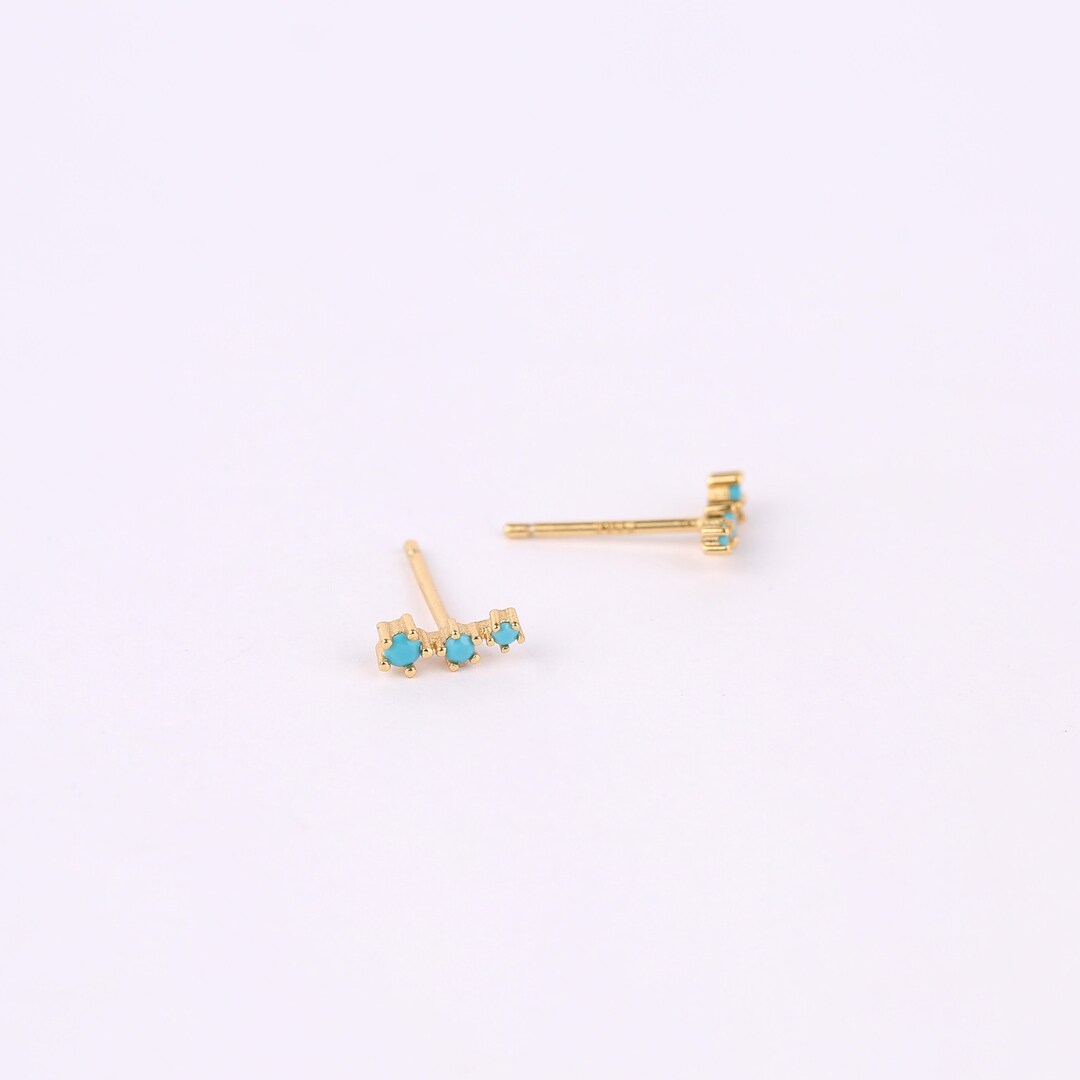Turquoise Ear Stack Gold Turquoise Ear Climber Earrings, Tiny Sterling Silver Three Stone ...