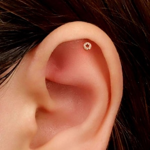 18G Pave CZ Open Circle Threadless Push Pin Stud, Sterling Silver Flat Back Cartilage Helix Tragus Conch Labret Earring