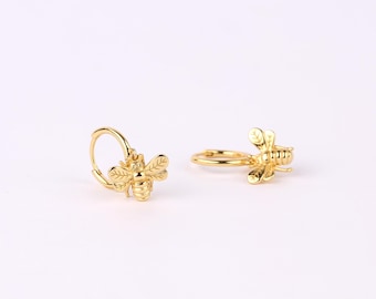 Bee Charm Dangle Hoop Earrings, Gold Bumble Bee Huggies, Dainty Animal Dangle Earrings, Tiny Minimalist Bee Drop Hoops, 925 Sterling Silver