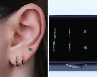 Emerald Hoop Earrings Set For Multiple Piercings, Tiny Gold Huggie Hoop Earrings, Sterling Silver Small Hoop Earrings, Delicate Earrings Set