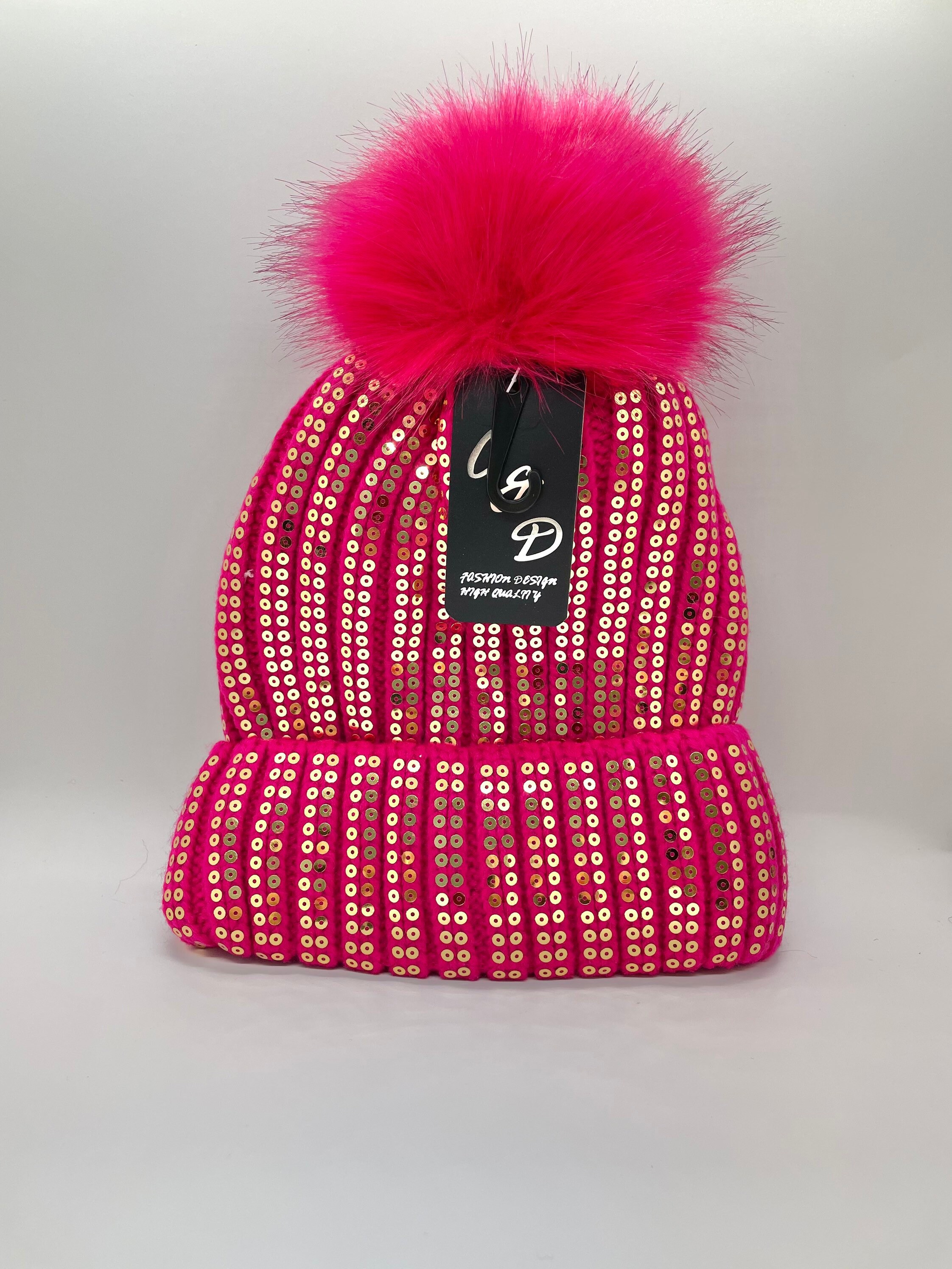 Fuchsia Hot Pink Gold Sequin Pom Pom 