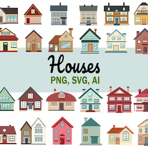 Può includere: Una collezione di 24 illustrazioni di case di cartoni animati colorate in vari stili, tra cui un tetto rosso, un tetto blu, un tetto verde e un tetto giallo. Le case sono tutte di forme e dimensioni diverse, e alcune hanno finestre e porte. Il testo "Case" è scritto in un grande carattere grassetto nella parte inferiore dell'immagine, con il testo "PNG, SVG, AI" sotto.