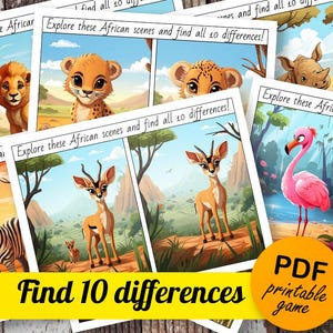 Op de afbeelding: Een printbaar spel met 10 verschillen tussen twee afbeeldingen van Afrikaanse dieren scènes. De afbeeldingen tonen een cheetah, een gazelle, een zebra, een flamingo en een neushoorn. De tekst op het spel zegt "Verken deze Afrikaanse scènes en vind alle 10 verschillen!" en "Vind 10 verschillen".