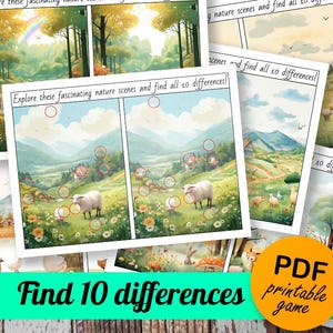Op de afbeelding: Een printbaar spel met twee afbeeldingen van een natuurscène. De tekst "Explore these fascinating nature scenes and find all 10 differences!" staat bovenaan de pagina. De tekst "Find 10 differences" staat onderaan de pagina. De tekst "PDF printable game" staat in een gele cirkel.