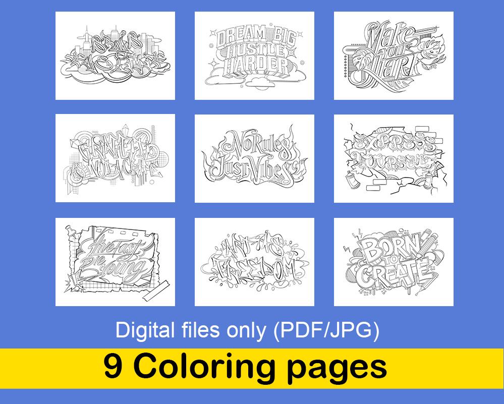 Graffiti Coloring Pages Pdf - Urban Art - Instant Download - Print at ...