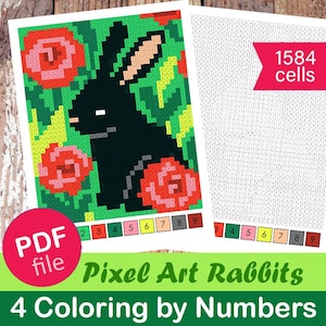 Pixel Art Color by Number - Bunnies | Printable PDF | Cute Hares Pixel Coloring for Kids & Adults