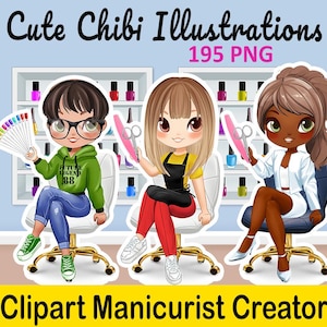 Könnte beinhalten: Ein Set mit 195 digitalen Clipart-Bildern, die drei süße Chibi-Maniküre-Künstlerinnen zeigen. Die Maniküre-Künstlerinnen tragen farbenfrohe Outfits und halten Nagelwerkzeuge in der Hand. Das Bild enthält den Text "Cute Chibi Illustrations 195 PNG Clipart Manicurist Creator".