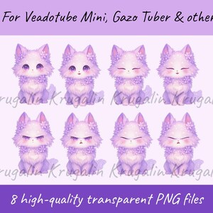 May include: Eight digital illustrations of a cartoon fox in various expressions, in shades of purple and white. The foxes are adorned with floral accents. Text at the top reads "For Veadotube Mini, Gazo Tuber & other." The bottom text says "8 high-quality transparent PNG files."