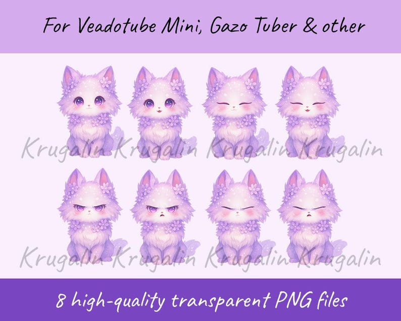 May include: Eight digital illustrations of a cartoon fox in various expressions, in shades of purple and white. The foxes are adorned with floral accents. Text at the top reads "For Veadotube Mini, Gazo Tuber & other." The bottom text says "8 high-quality transparent PNG files."