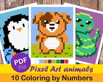 Op de afbeelding: Een set van 10 printbare kleurplaten met pixel art dieren. De afbeeldingen bevatten een pinguïn, een hond en een dinosaurus. De pagina's zijn gelabeld met "PDF-bestand" en "Pixel Art dieren 10 Kleuren op nummer".