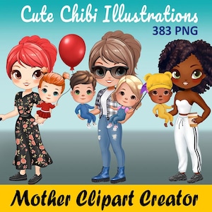 Chibi Mom & Baby PNG / Paquete de imágenes prediseñadas del Día de la Madre / Imágenes prediseñadas familiares / Conjunto personalizado del Día de la Madre