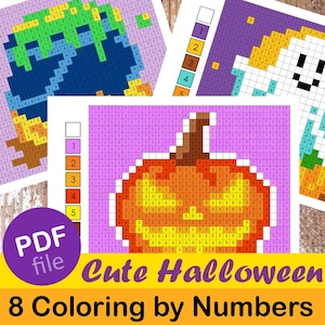 Puede incluir: Una colección de páginas para colorear imprimibles con temática de Halloween. Las páginas presentan imágenes pixeladas de una calabaza, un fantasma y otros objetos relacionados con Halloween. También se ve el texto "PDF file" y "Cute Halloween 8 Coloring by Numbers".