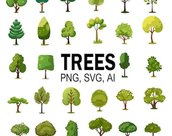 Op de afbeelding: Een verzameling van 25 cartoonillustraties van verschillende soorten bomen. De bomen zijn groen en hebben verschillende vormen en maten. De tekst "TREES PNG, SVG, AI" staat onderaan de afbeelding.