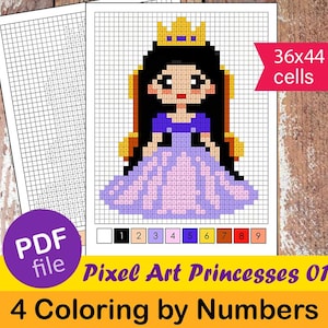 Pixelkonst målarbilder med siffror – Prinsessor 01 | Vit bakgrund | 36×44 pixlar | Utskrivbar PDF | Inga referenssvar | För barn och vuxna