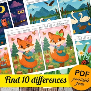 May include: A colorful printable PDF game with cartoon scenes. The game features a fox character and the text "Find 10 differences". The game includes various scenes with animals and nature elements.