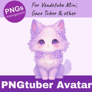 May include: A digital illustration of a cute, fluffy, lavender-coloured cat avatar. The cat has large, sparkling purple eyes, and is adorned with small flowers. The image includes the text "PNGs transparent" and "PNGTuber Avatar".