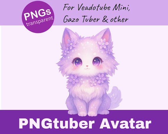 Purple Cat PNGtuber Avatar – 8 Anime-Style Reactive PNGs + Veadotube Preset – Cute and Grumpy Digital VTuber Pet for Streaming