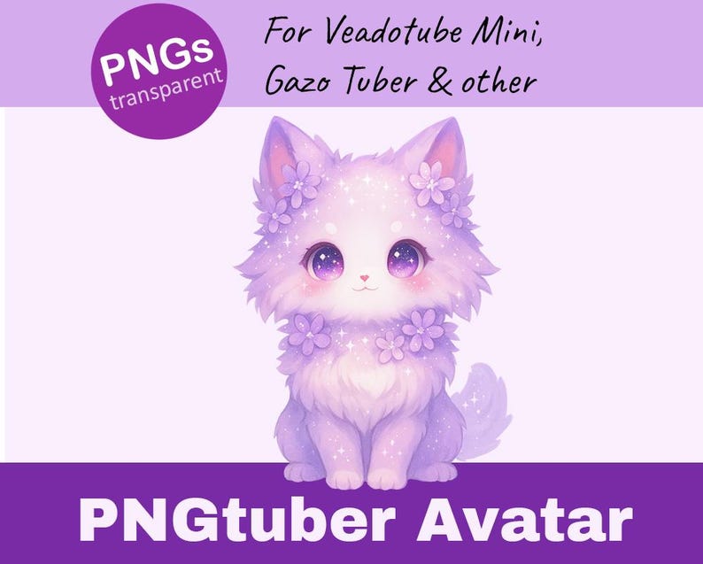 May include: A digital illustration of a cute, fluffy, lavender-colored cat avatar. The cat has large, sparkling purple eyes, and is adorned with small flowers. The image includes the text "PNGs transparent" and "PNGTuber Avatar".