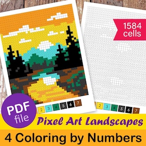 Pixel Art Coloring by Numbers – Landscapes | Mountains, Sunset, Sakura & Winter | High Detail 1584 Cells
