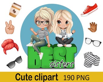 Best friends / sisters clipart - Present, gift for a friend - chibi, LGBT, Afro girls clip art - customizable PNG - Personalized Bestie