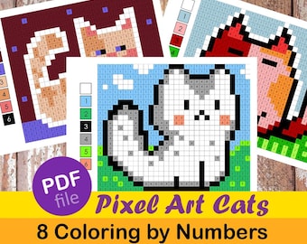 かわいい猫のピクセルアート | 数字で色塗り | 印刷可能＆デジタルで楽しめる塗り絵