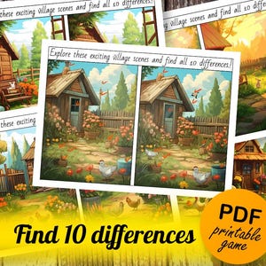 May include: A printable find the differences game with two images of a village scene. The text "Explore these exciting village scenes and find all 10 differences!" is at the top of the image. The text "Find 10 differences" is at the bottom of the image. The text "PDF printable game" is in a yellow circle at the bottom right of the image.