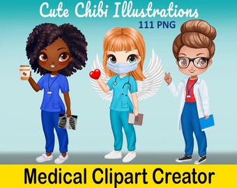 Chibi Nurse Clipart - Customizable Characters,  Doctor clipart, Hospital Planner, Sisters clipart, Kawaii Nurse Art, Sublimation Design PNG