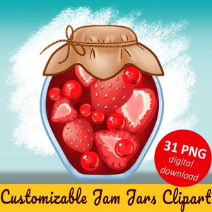 May include: A digital clipart set of 31 customizable jam jars filled with red strawberries and red currants. The jars have brown paper lids with twine tied around them. The text "31 PNG digital download" is in a red circle on the right side of the image. The text "Customizable Jam Jars Clipart" is in yellow at the bottom of the image.