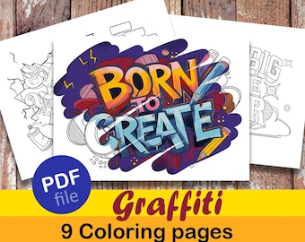 グラフィティぬり絵ページ PDF - アーバンアート - 即時ダウンロード - 自宅で印刷