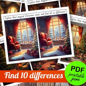 Op de afbeelding: Een printbaar kerst-zoek-het-verschil-spel met twee afbeeldingen van een knusse woonkamer die voor de feestdagen is versierd. De tekst "Verken deze magische kerstscènes en vind alle 10 verschillen!" staat boven de afbeeldingen. De tekst "Vind 10 verschillen" staat onder de afbeeldingen. Een groene cirkel met de tekst "PDF-printbaar spel" staat in de rechterbenedenhoek.