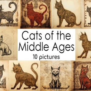 Può includere: Una collezione di 10 illustrazioni in bianco e nero di gatti del Medioevo. Le illustrazioni sono in stile vintage e mostrano gatti in varie pose. Il titolo "Gatti del Medioevo" e "10 immagini" sono scritti sotto le immagini.