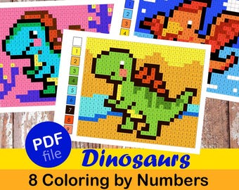 May include: Four printable dinosaur-themed colouring pages. Each page features a pixelated dinosaur design with a colour-by-numbers grid. The pages are labelled with numbers and colours, and the text "Dinosaurs 8 Coloring by Numbers" is visible.