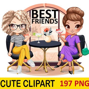 Best Friends Clipart – Café Girls – Customizable Chibi Friends –  LGBT giri - Afro Girls, Sisters PNG – Personalized Besties – 197 PNG